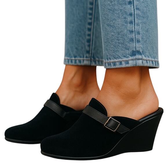 Cole Haan‎ Women's Black Suede Wedge Mule Heels Size 8.5B - Picture 1 of 11